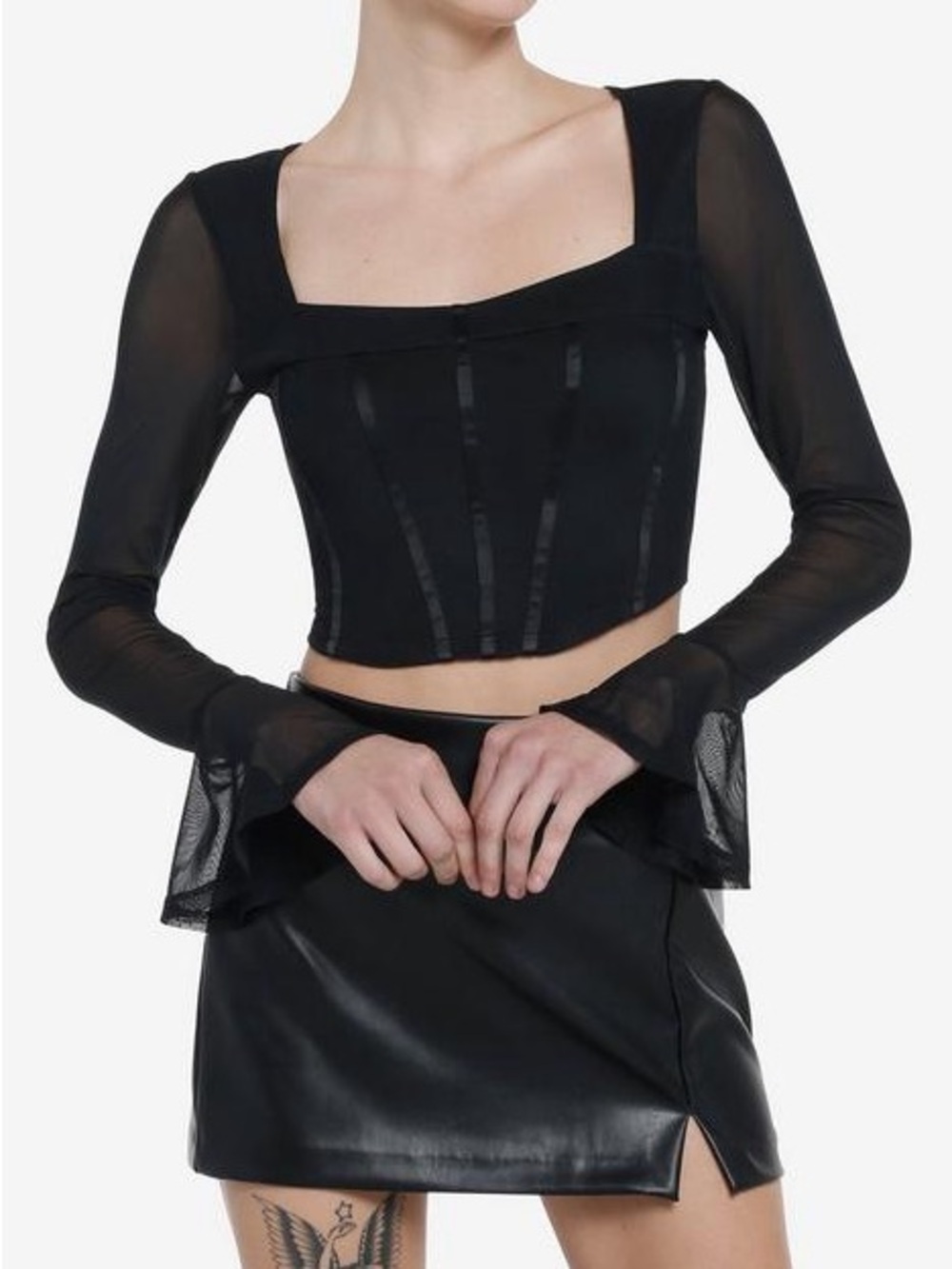 Black Sheer Long Sleeve Corset Top